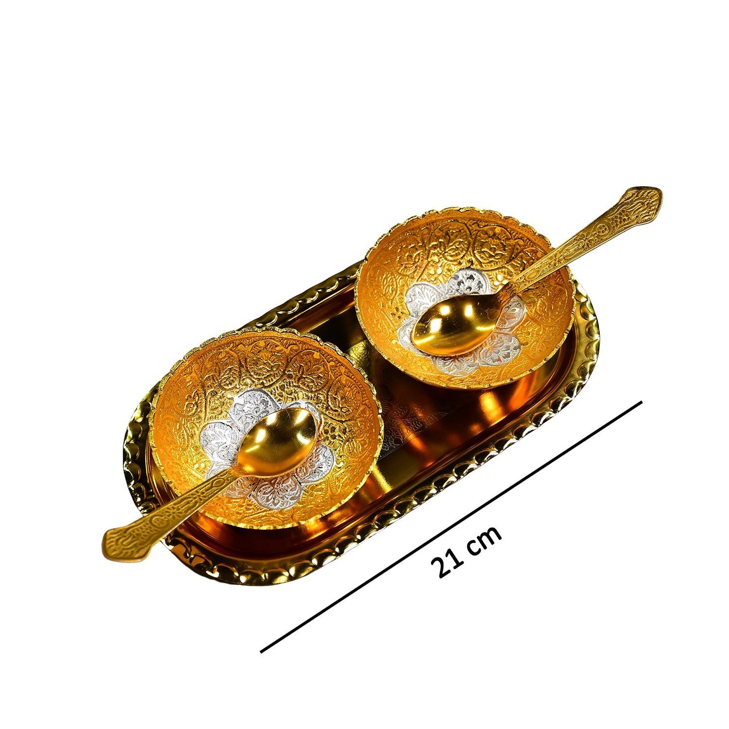 Gold - Silver Plated Bowl Set – 2 Bowls, 2 Spoons & Tray in Velvet Gift Box - Chestore