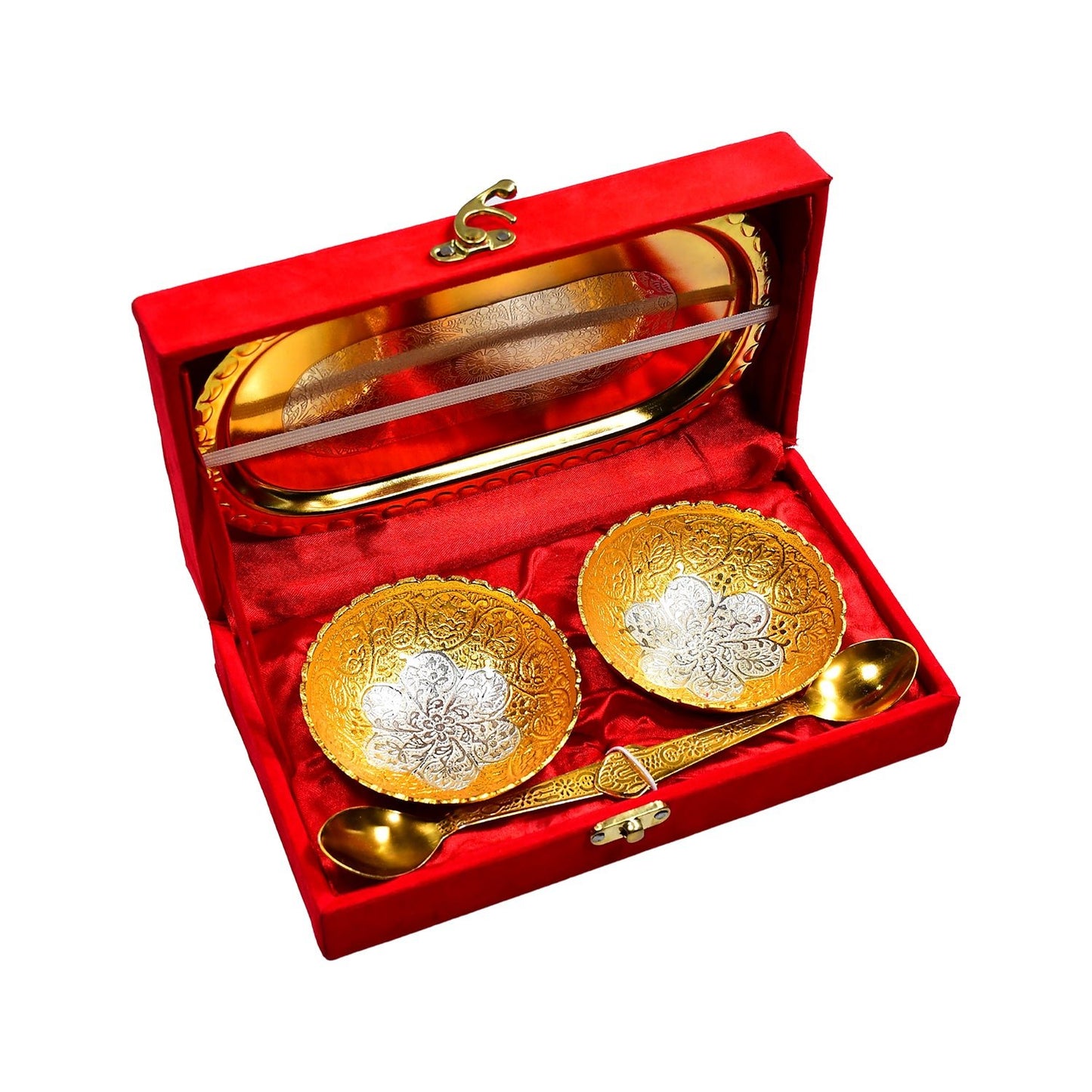 Gold - Silver Plated Bowl Set – 2 Bowls, 2 Spoons & Tray in Velvet Gift Box - Chestore