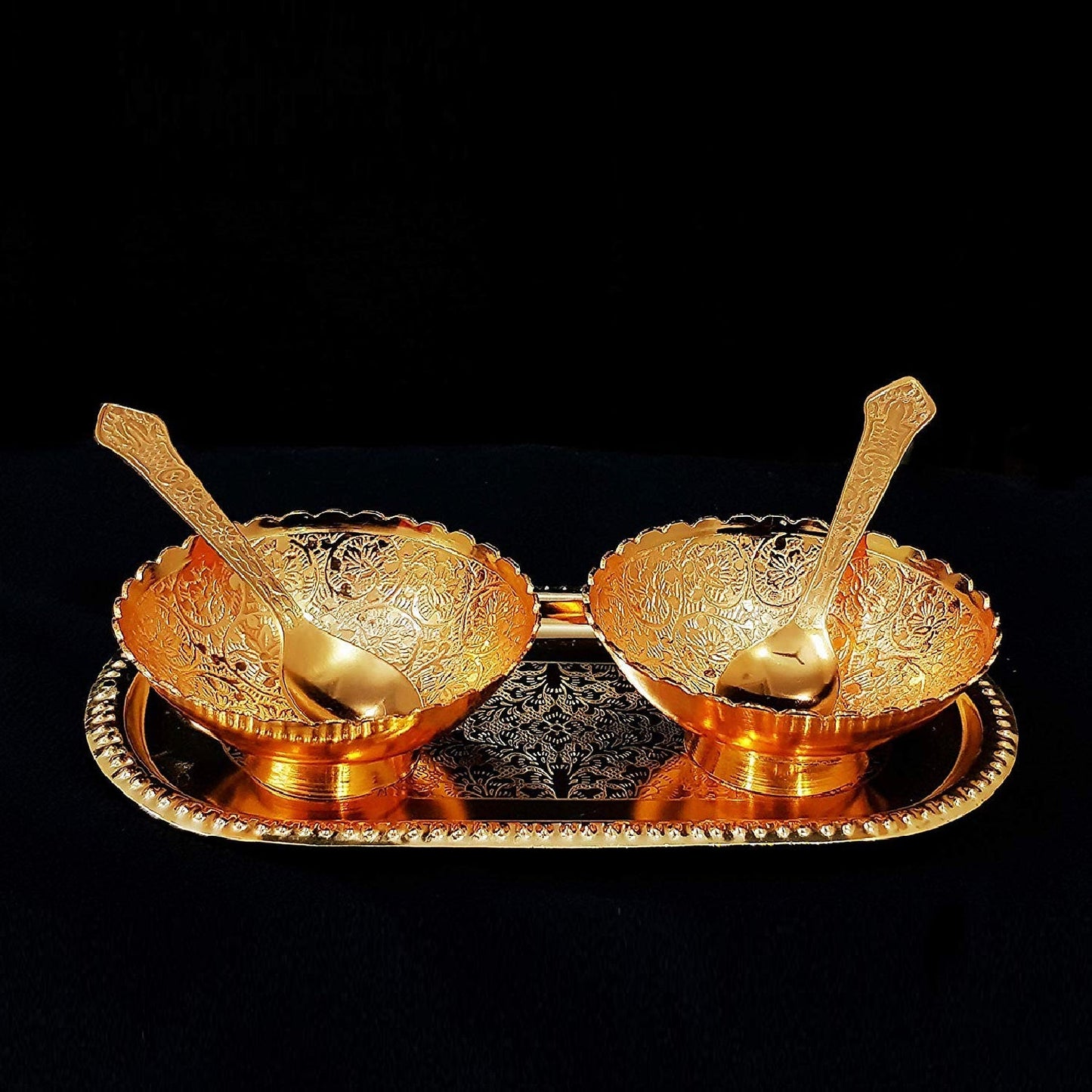 Gold - Silver Plated Bowl Set – 2 Bowls, 2 Spoons & Tray in Velvet Gift Box - Chestore