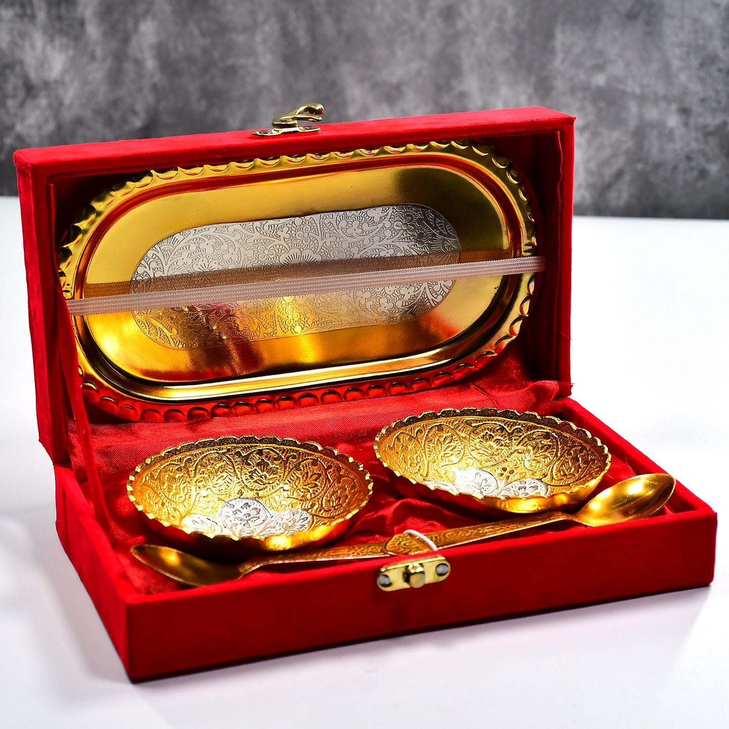 Gold - Silver Plated Bowl Set – 2 Bowls, 2 Spoons & Tray in Velvet Gift Box - Chestore