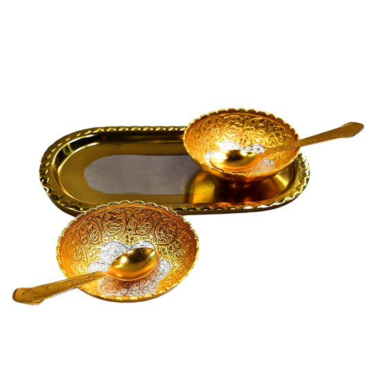 Gold - Silver Plated Bowl Set – 2 Bowls, 2 Spoons & Tray in Velvet Gift Box - Chestore