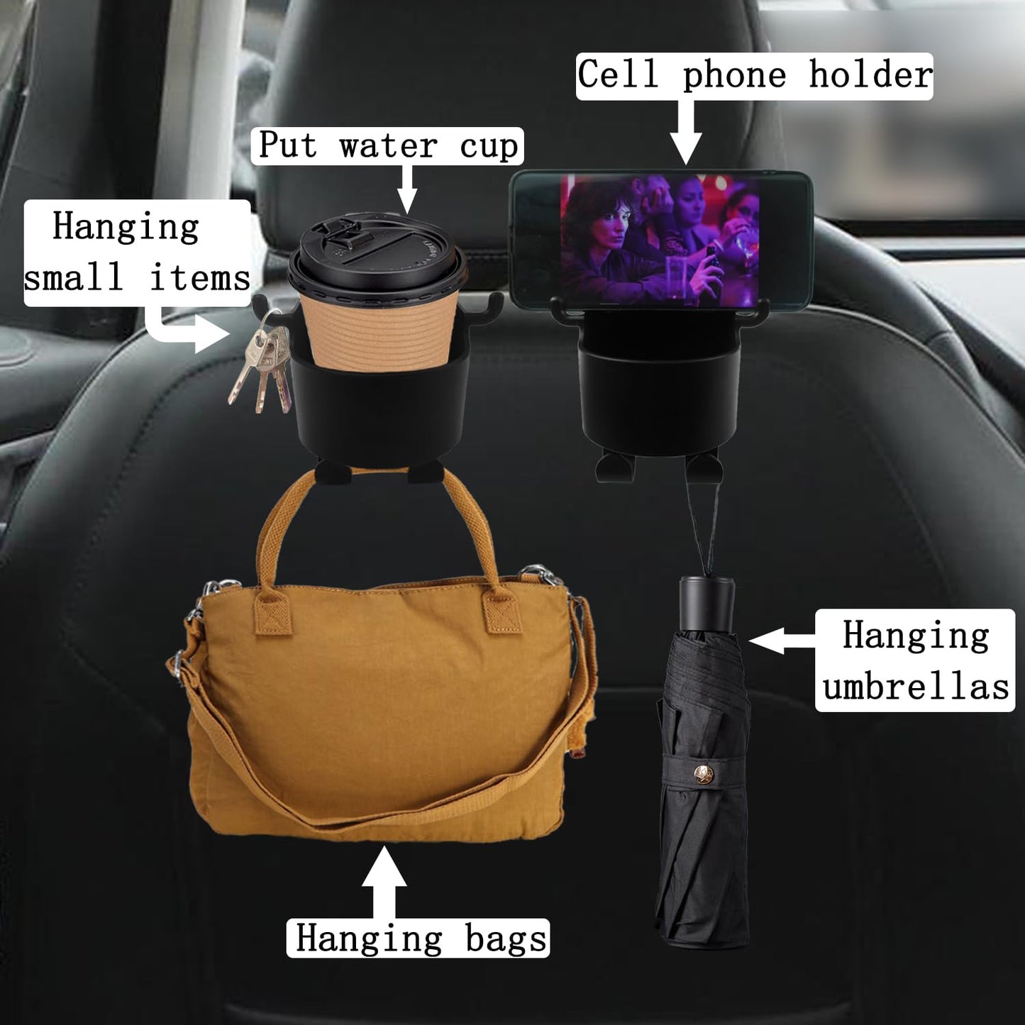 3-in-1 Car Headrest Backseat Organizer – Cupholder, Phone Holder & Hooks 🚗