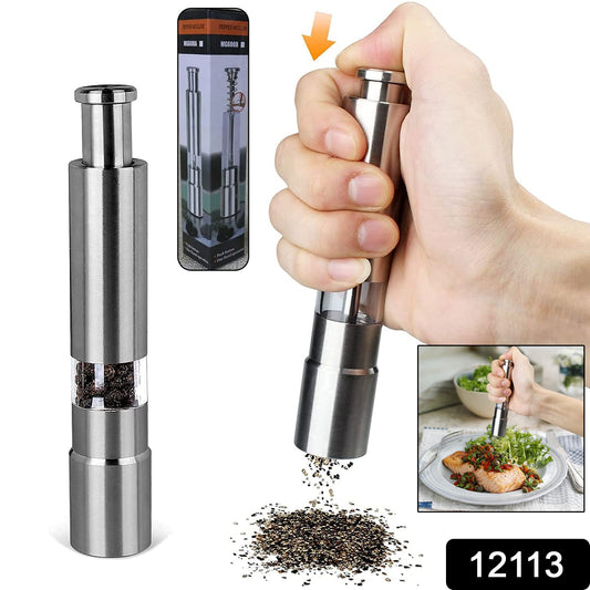 Stainless Steel Thumb Presser Salt & Pepper Grinder – One-Handed Spice Mill