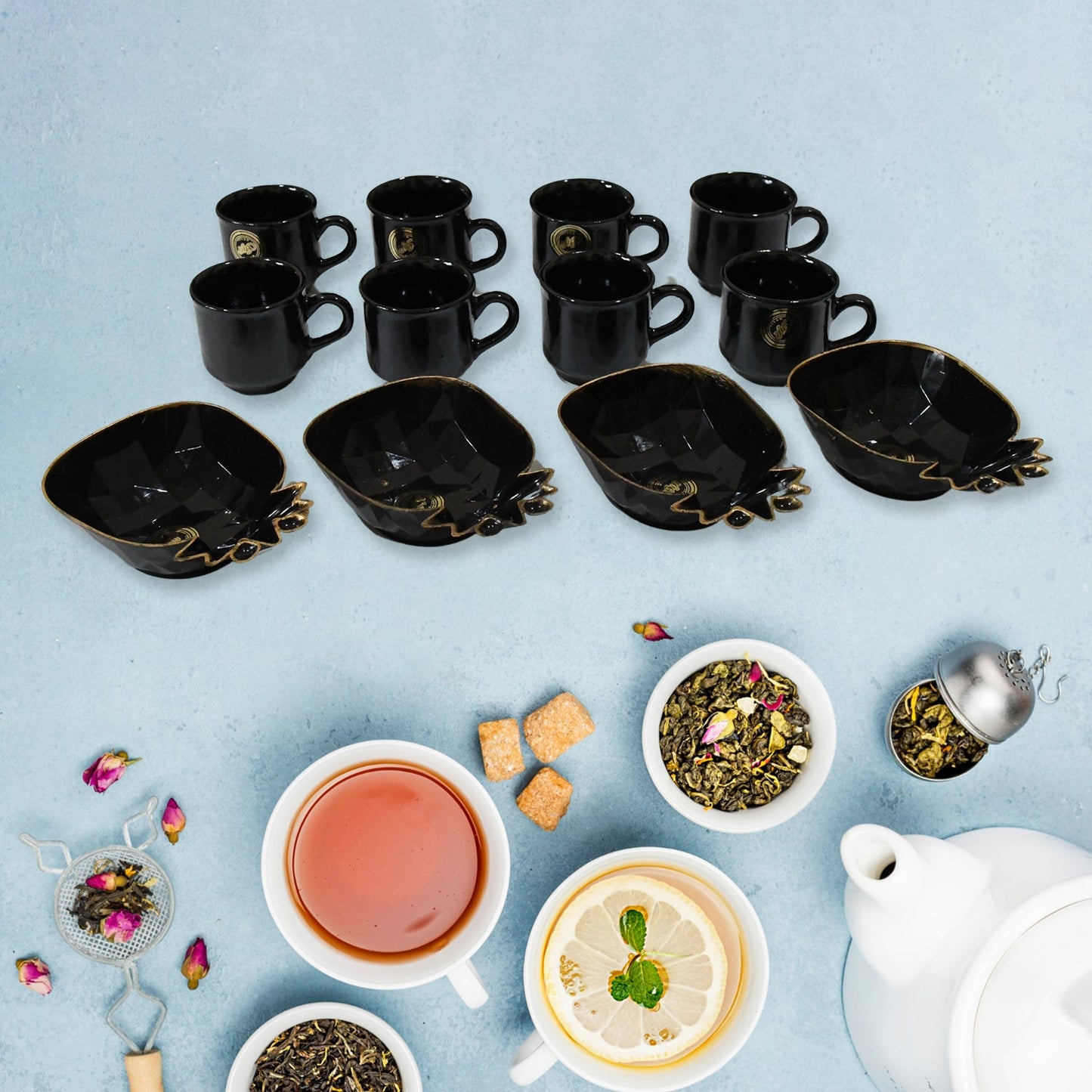 Pine Junction Ceramic Tea Cups & Mug Set with Pineapple-Shaped Serving Bowl – 12-Piece Set