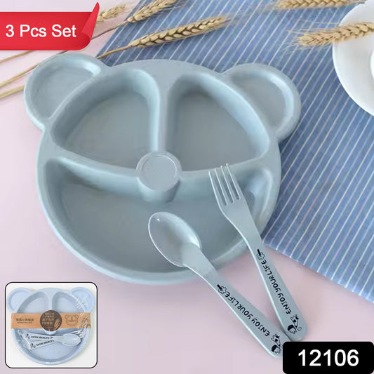 🍽️ Kids 3-Compartment Food Tray Plates with Spoon & Fork – 1 Set