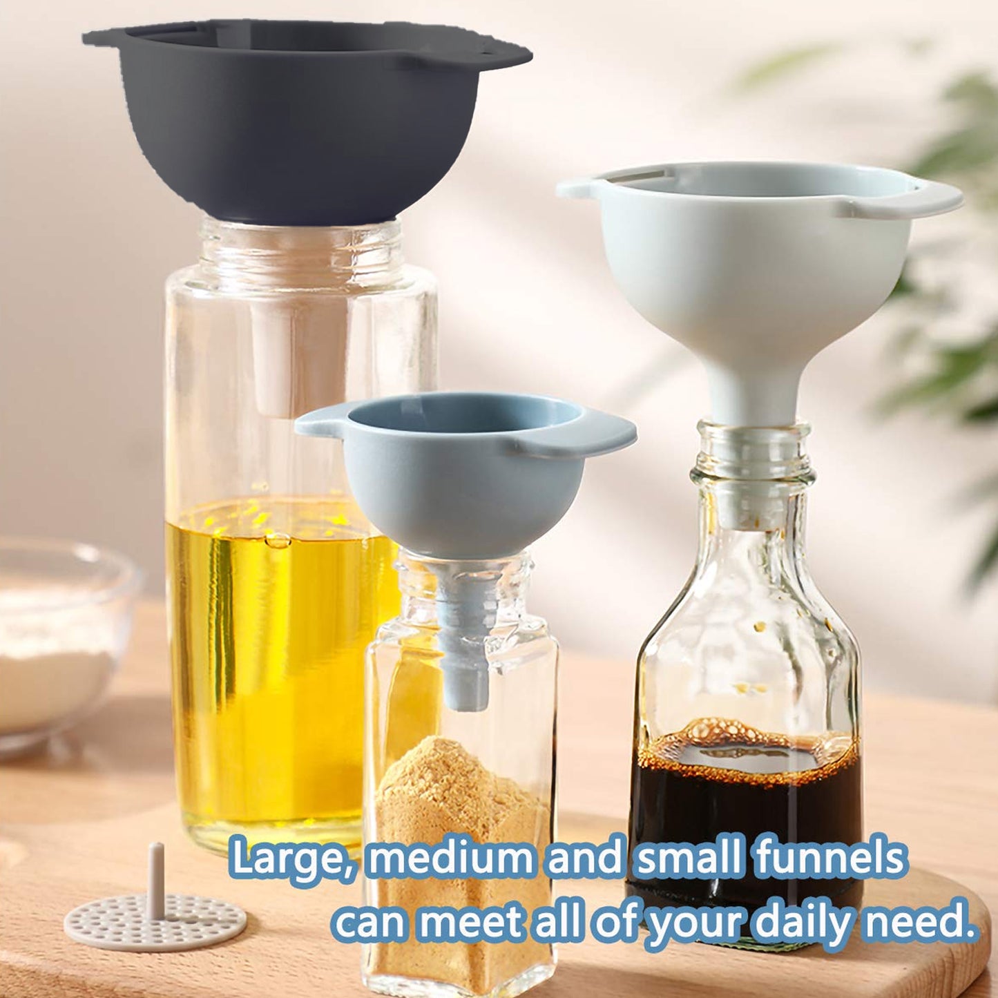 3-in-1 Kitchen Funnel Set – Food-Grade Plastic Funnels with Strainer for Liquids & Dry Ingredients