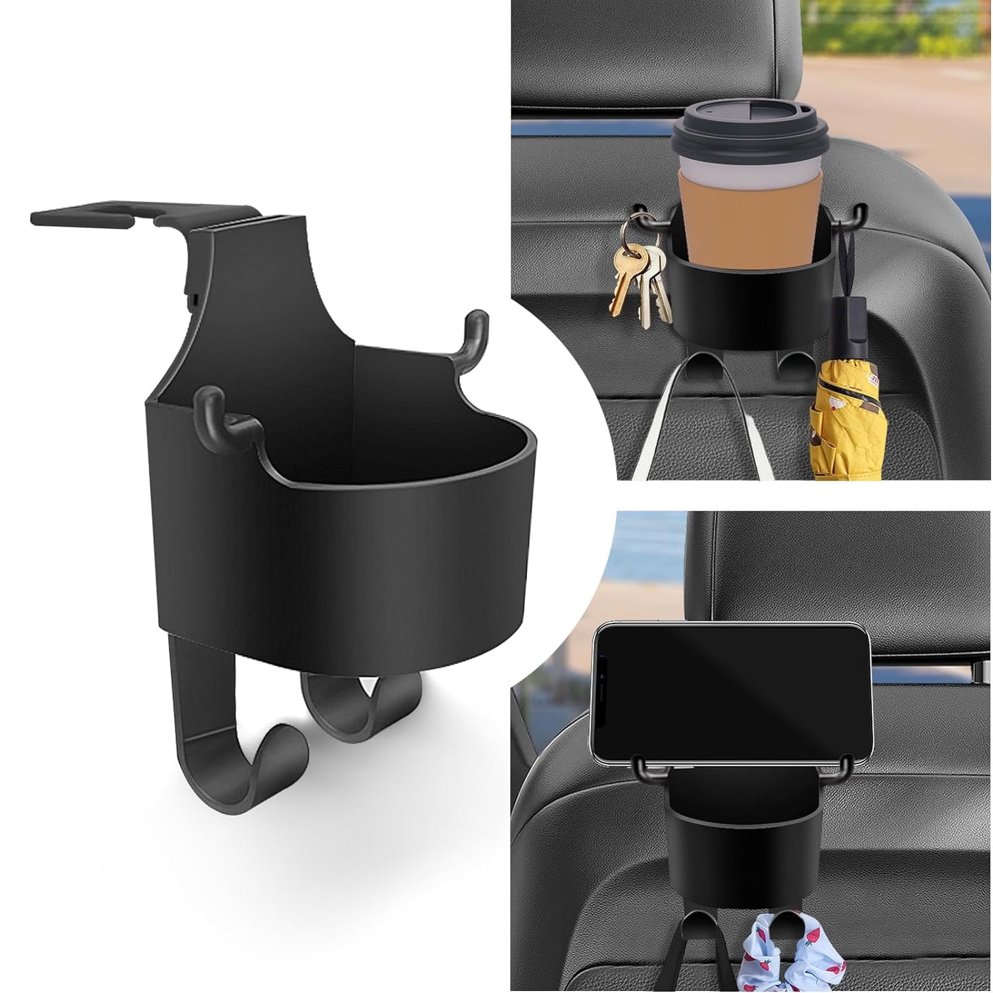 3-in-1 Car Headrest Backseat Organizer – Cupholder, Phone Holder & Hooks 🚗