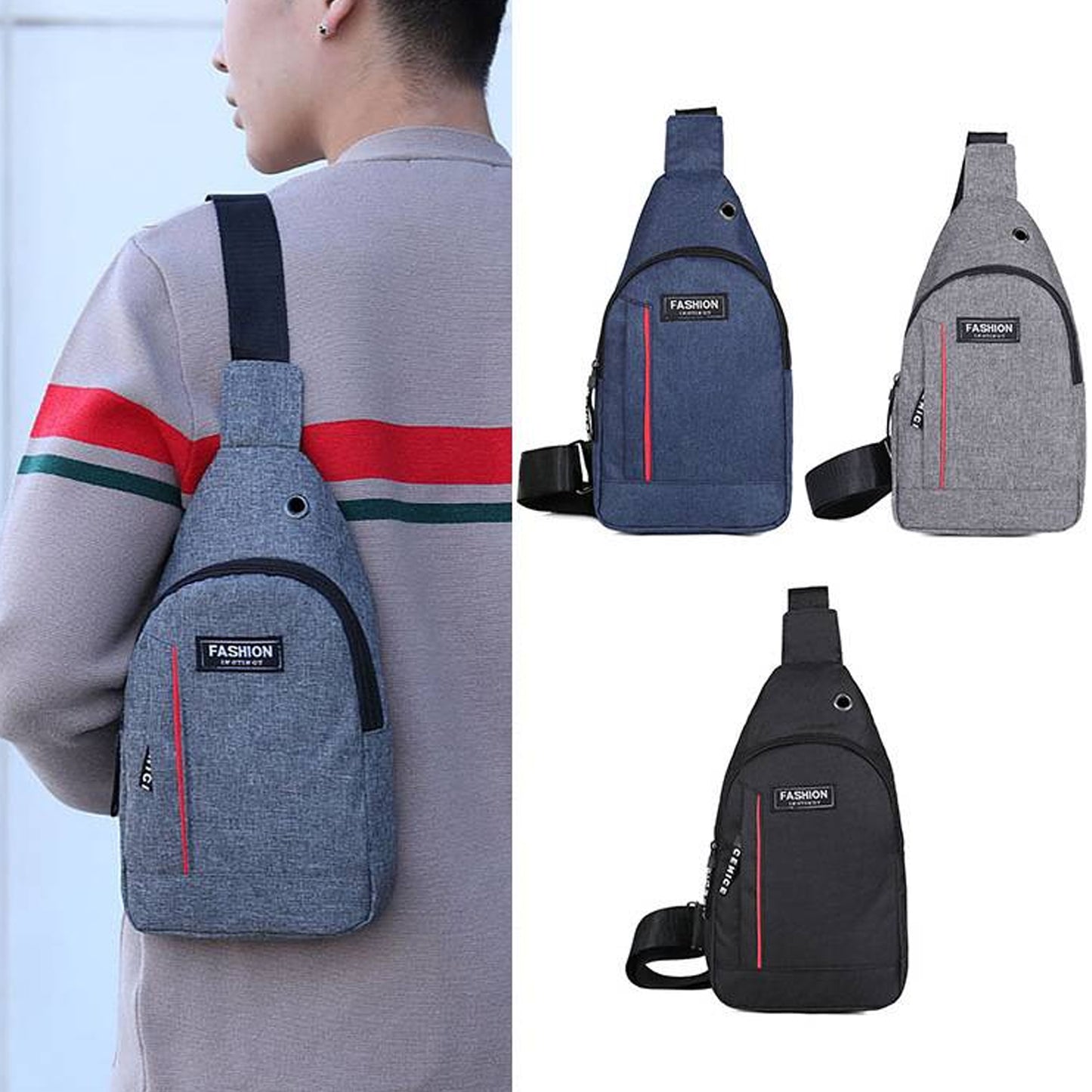Grey Waterproof Anti-Theft Crossbody Fanny Pack Waist Bag – PU Leather, USB Charging, Earphone Hook, Casual Sling Messenger Bag for Men