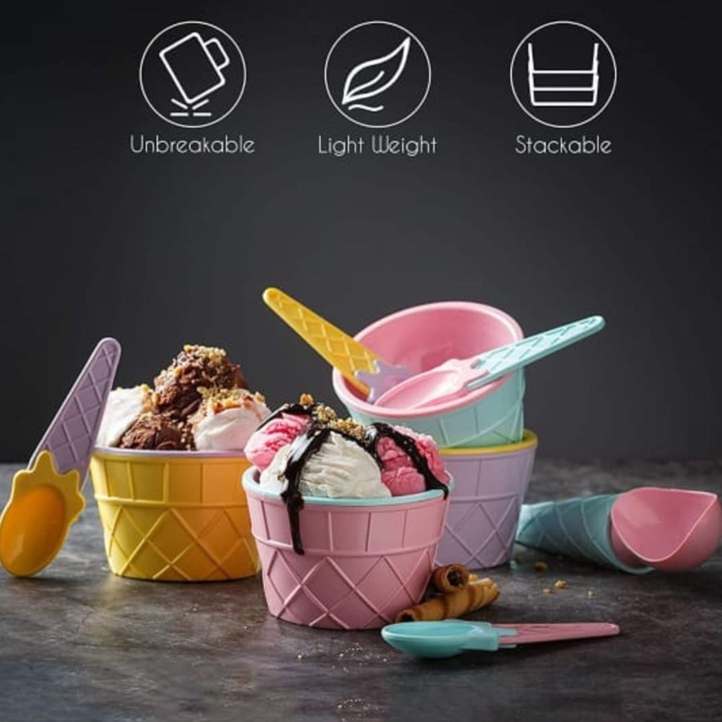 Premium Ice Cream Waffle Bowl & Spoon Set – 6 - Piece Set - Chestore