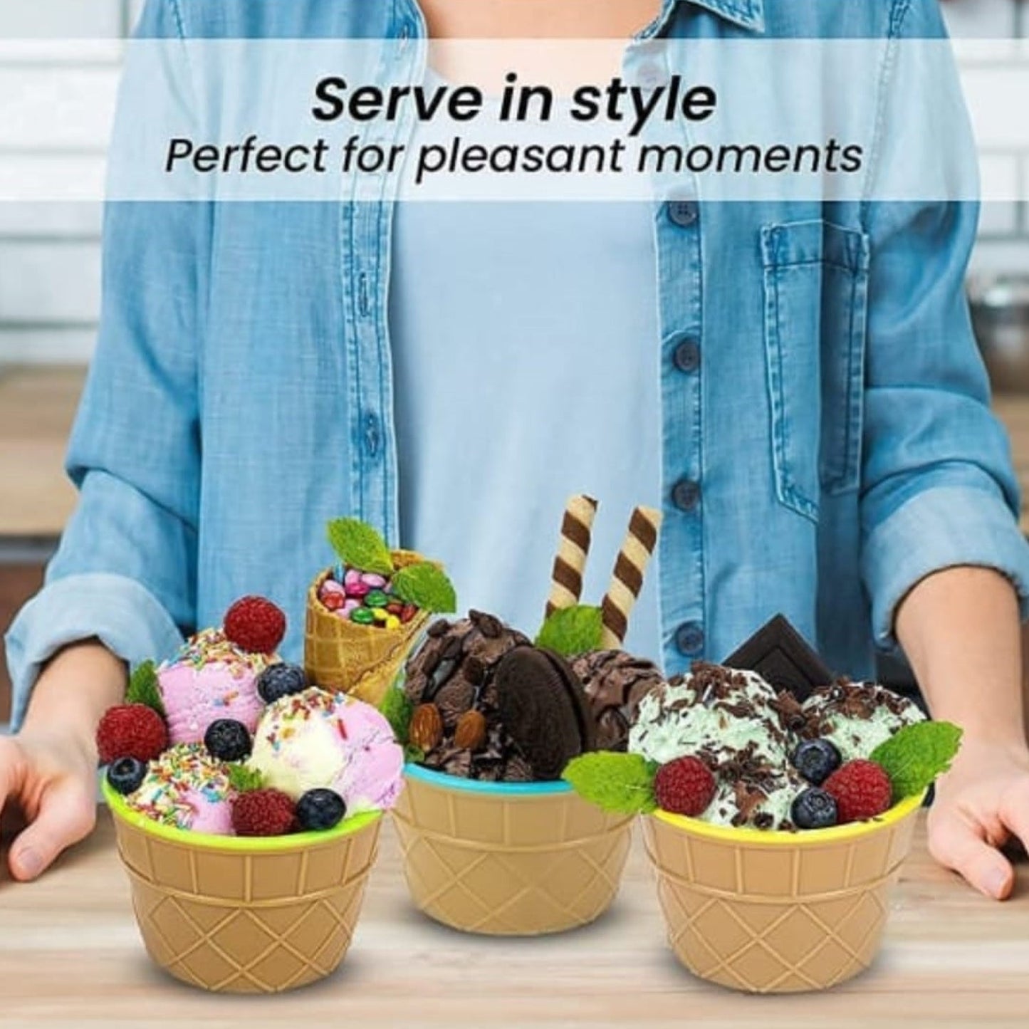 Premium Ice Cream Waffle Bowl & Spoon Set – 6 - Piece Set - Chestore