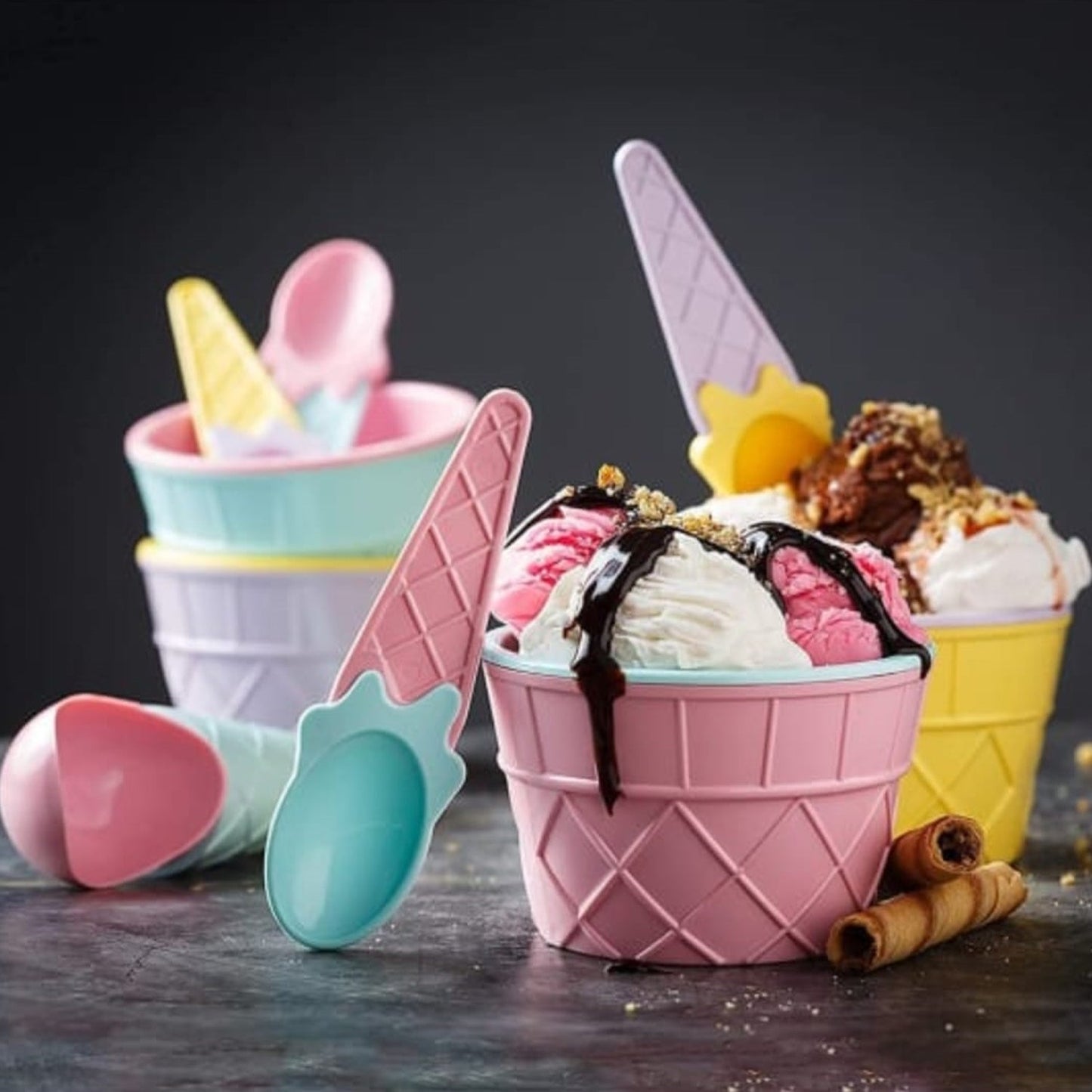 Premium Ice Cream Waffle Bowl & Spoon Set – 6 - Piece Set - Chestore
