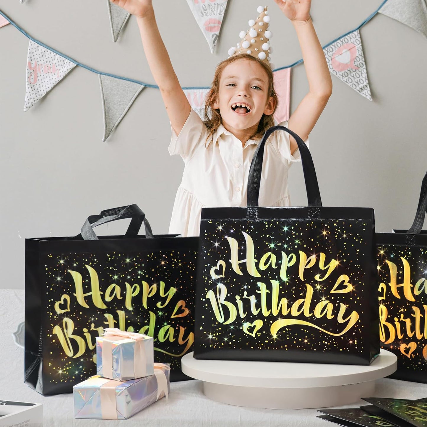 Birthday Gift Bag with Gold Shiny Stars – Reusable Party Gift Bag