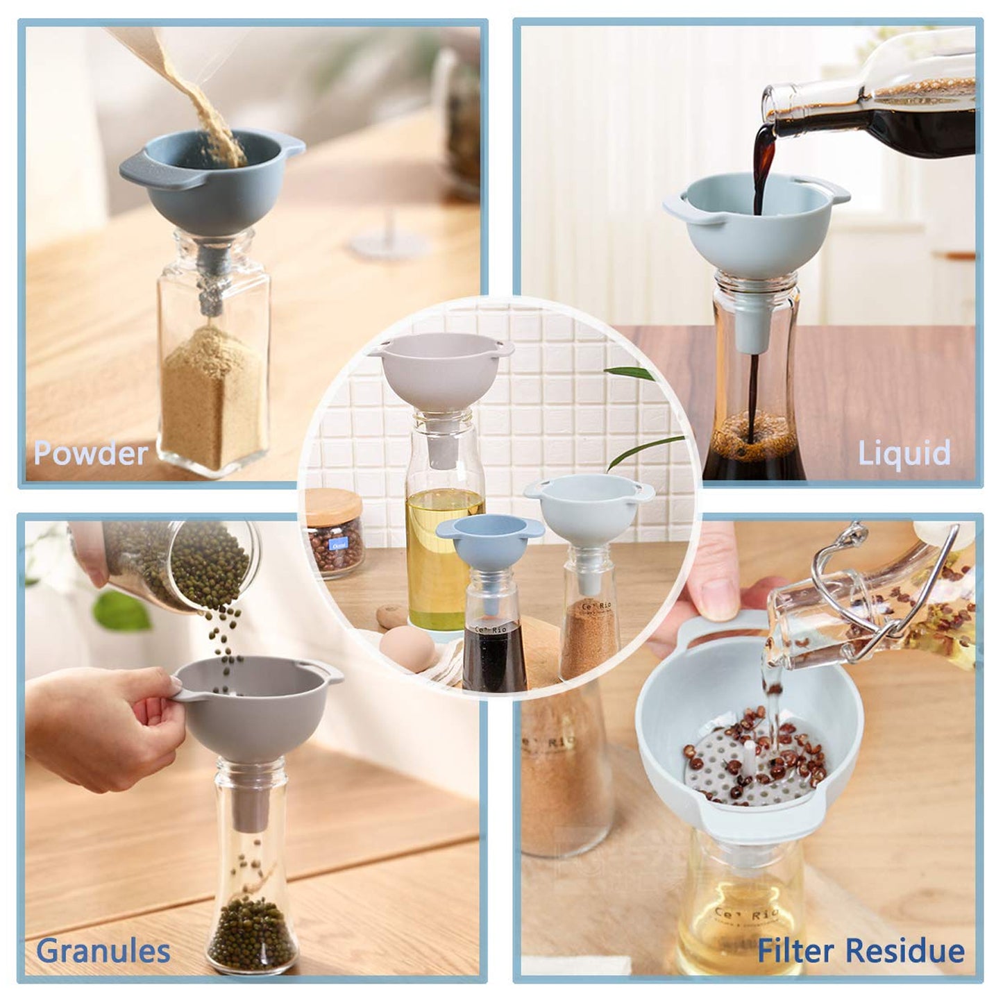 3-in-1 Kitchen Funnel Set – Food-Grade Plastic Funnels with Strainer for Liquids & Dry Ingredients