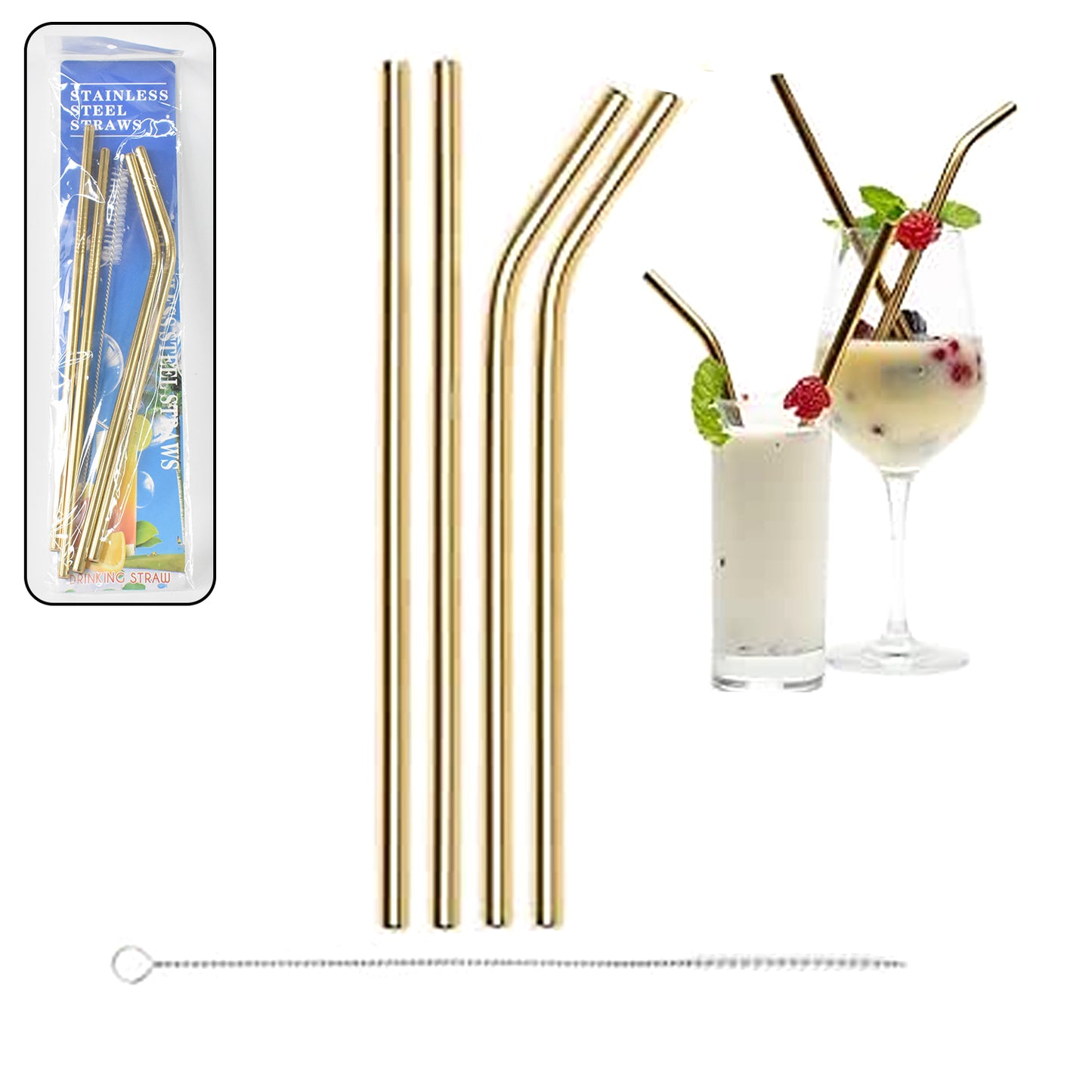 🥤 Reusable Stainless Steel Straws with Cleaning Brush – 5 Pcs Set