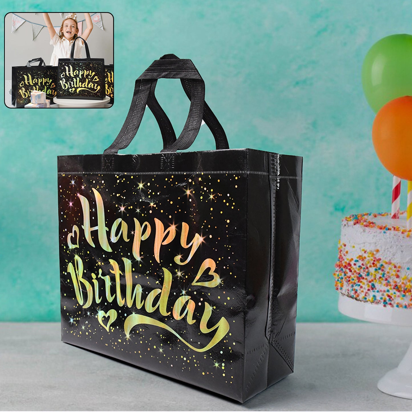 Birthday Gift Bag with Gold Shiny Stars – Reusable Party Gift Bag