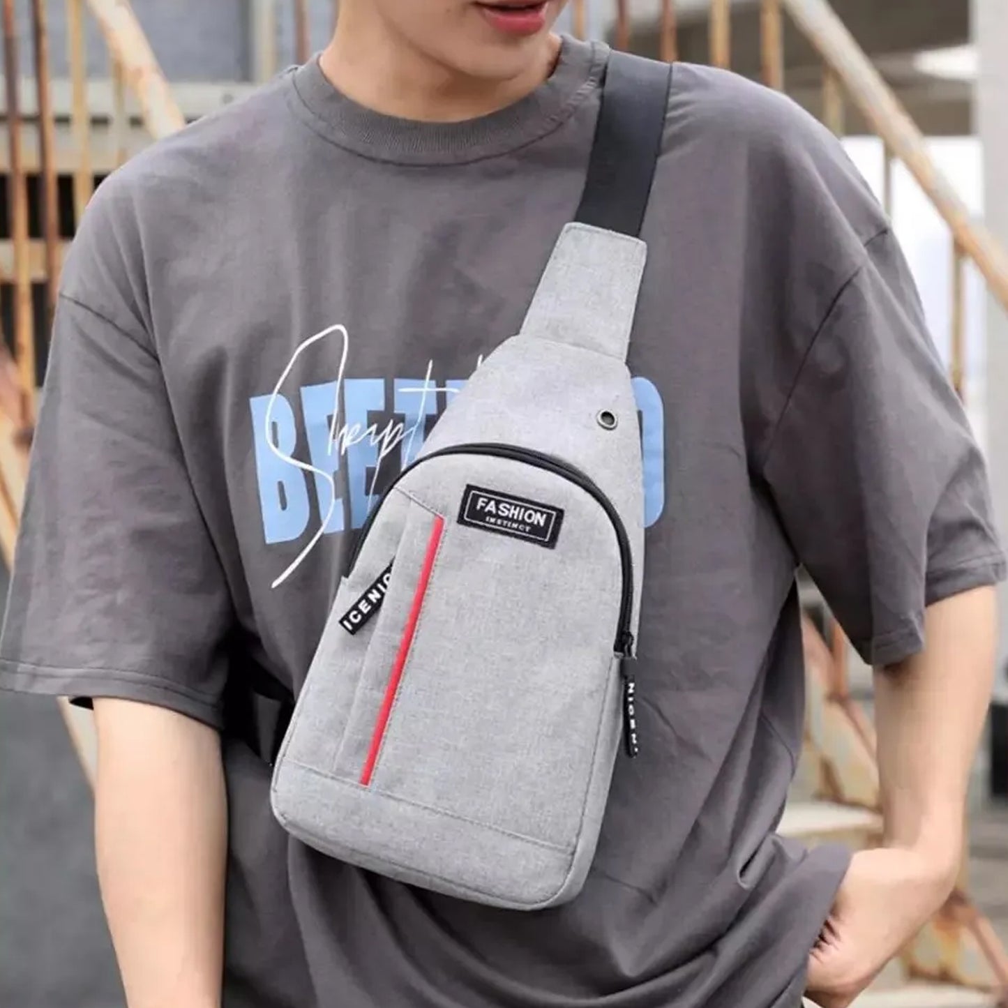 Grey Waterproof Anti-Theft Crossbody Fanny Pack Waist Bag – PU Leather, USB Charging, Earphone Hook, Casual Sling Messenger Bag for Men