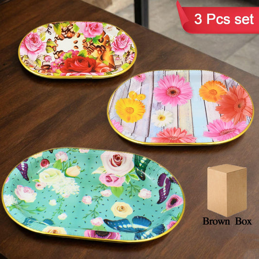3-Piece Flower Printed Serving Tray Set – Stylish & Durable