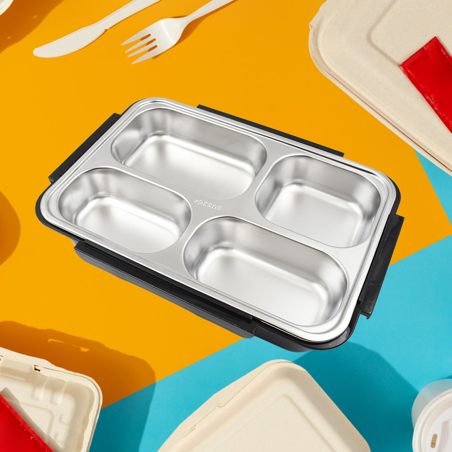 4-Compartment Insulated Stainless Steel Lunch Box | Tiffin Box for School, Office, Kids & Adults